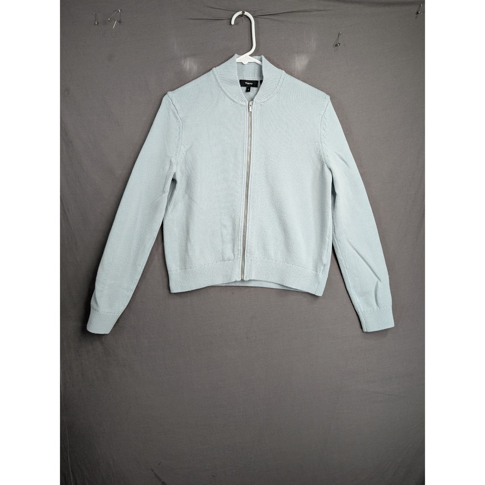 Theory Womens Zip Up Cardi Q Rounded Cotton Bomber Sweater Light Blue S 8686